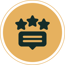 Three stars above a speech bubble icon.