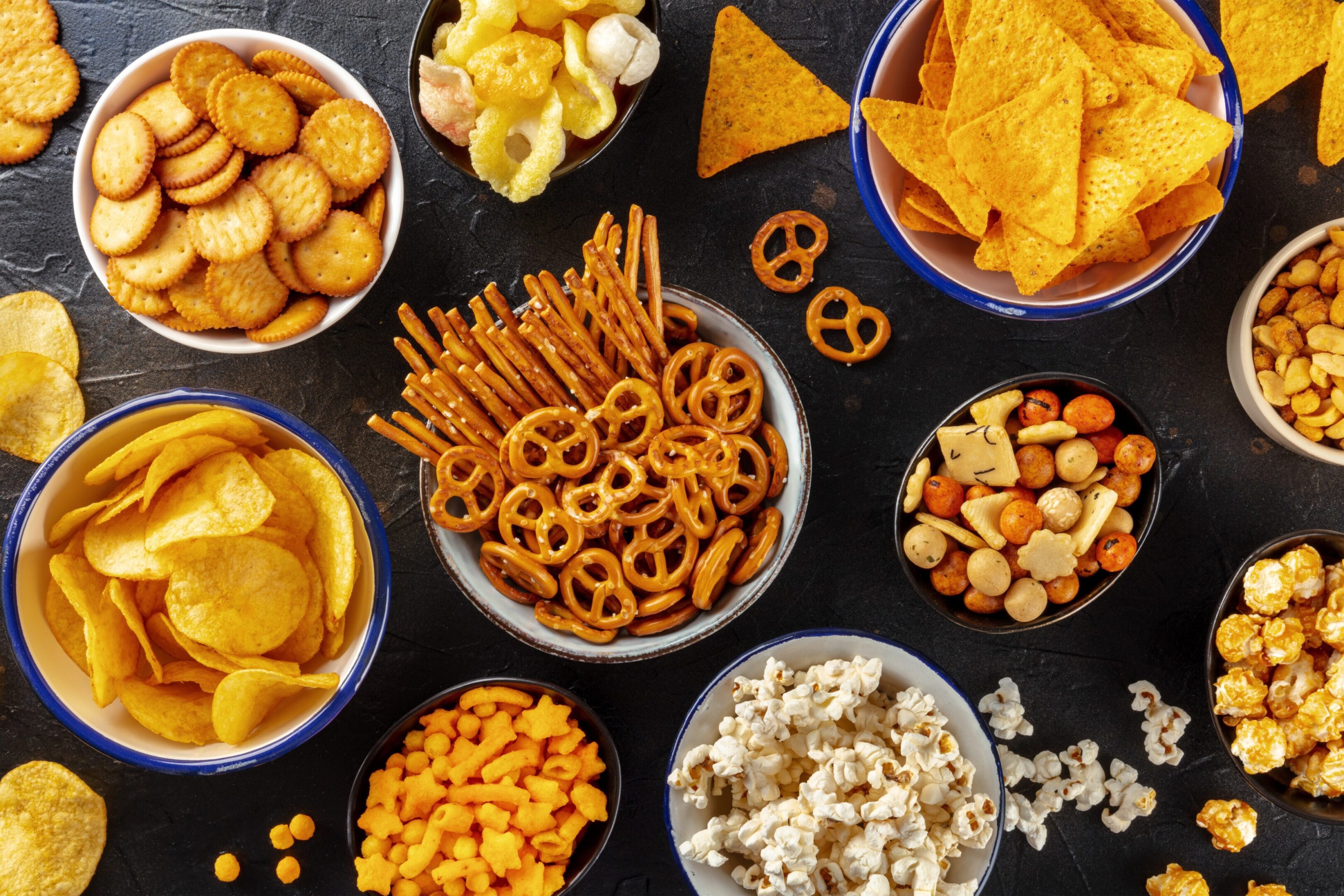 Salty,Snacks,,Party,Mix.,An,Assortment,Of,Crispy,Appetizers,,Overhead